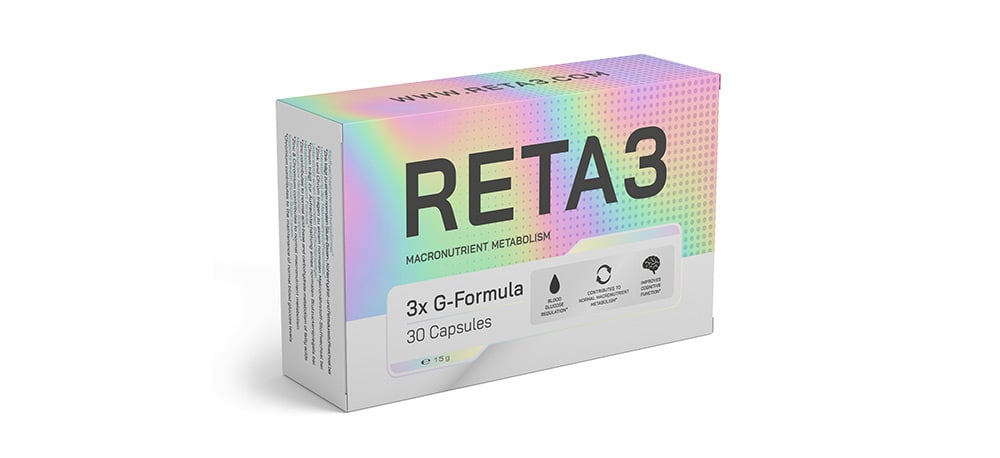Reta3 Nahrungsergänzungsmittel Verpackung mit 30 Kapseln für Stoffwechsel und Total Thyroid Balance